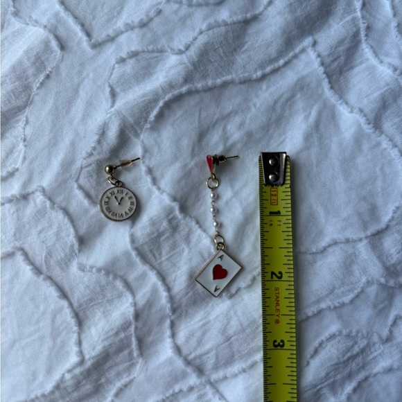 Gold White and Red Playing Card and Clock Earrings Queen of Hearts Dangle - Picture 2 of 6